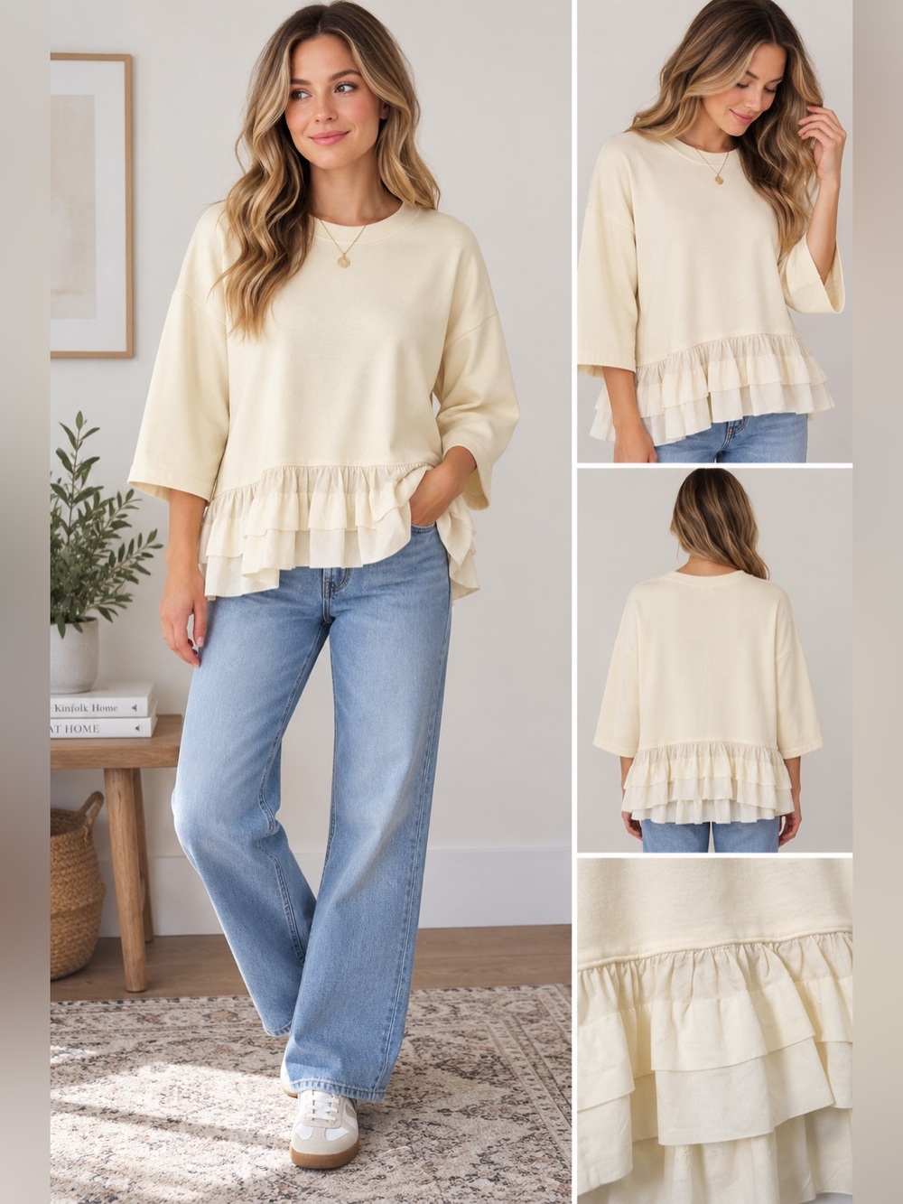 Eri + Ali Cream Ruffle Hem Sweatshirt Top 3/4 Sleeve Size M
